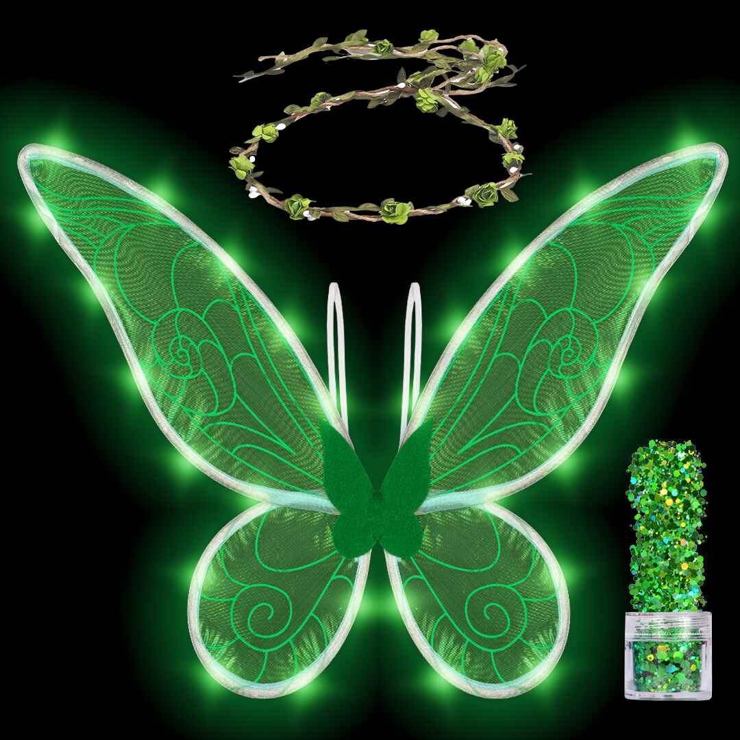 Green Fairy Wings Set with Crown and Glitter - for Women