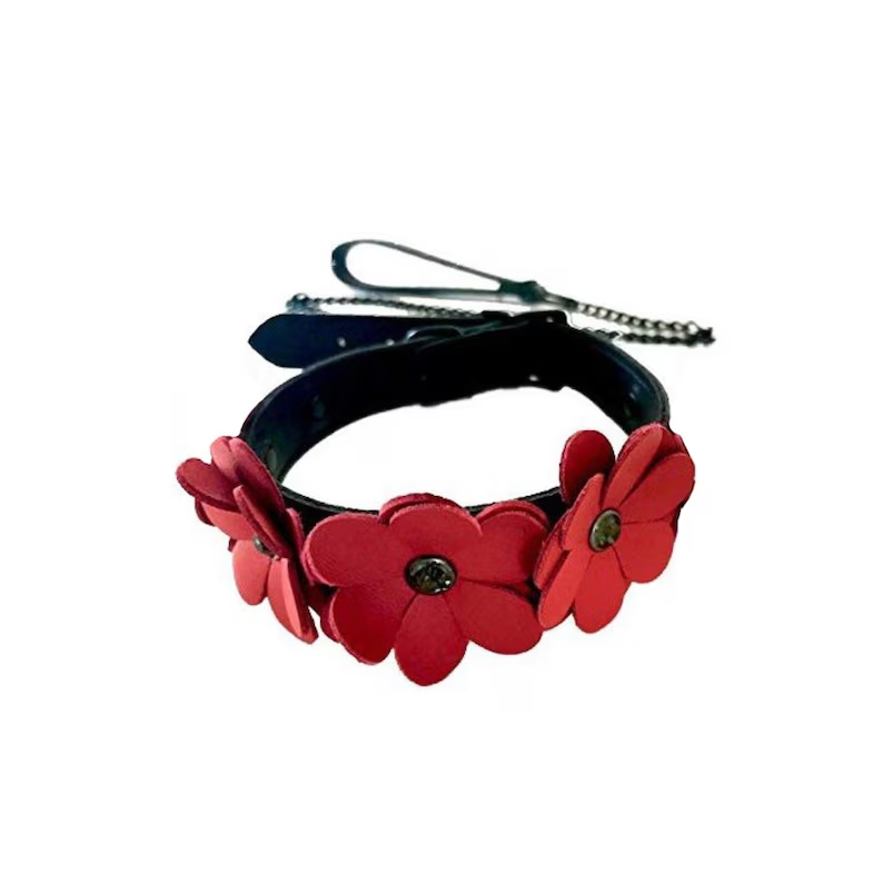 Black and Red Leather Flowers Collar with Leash