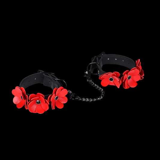 Black and Red Leather Flowers Hand Cuffs