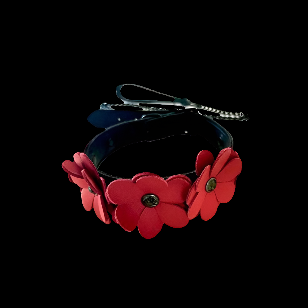 Black and Red Leather Flowers Collar with Leash