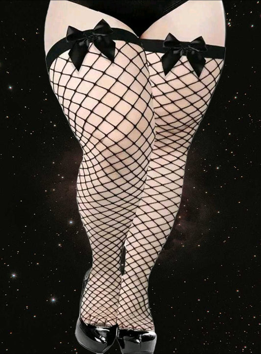 Black plus - size fishnet thigh high stockings with bows - Shop Milly