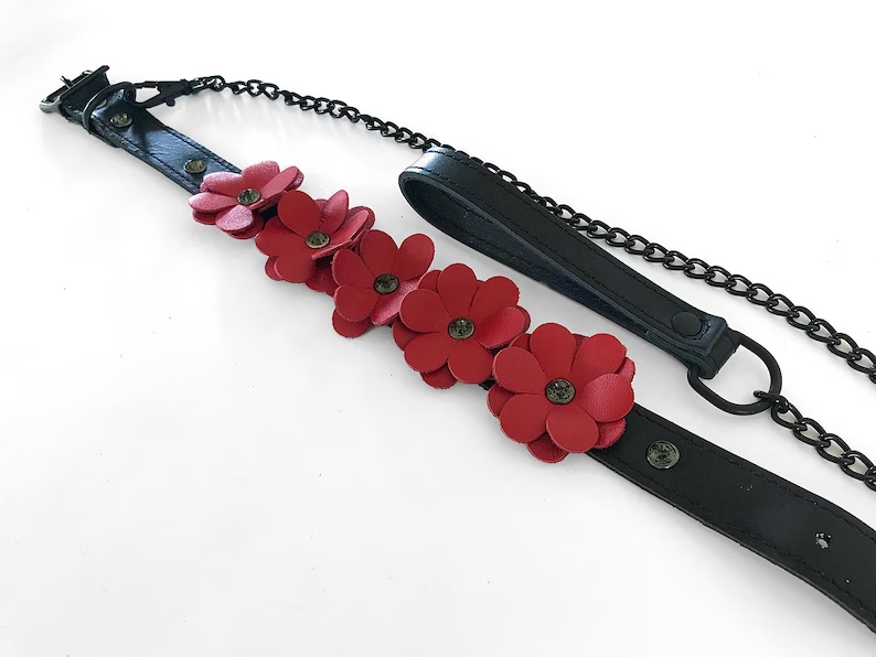 Black and Red Leather Flowers Collar with Leash