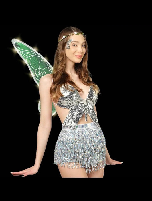 LED fantasy wings with floral crown and body glitter - Shop Milly